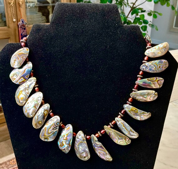 Abalone Shell Statement Necklace, Burgundy Pearl … - image 5