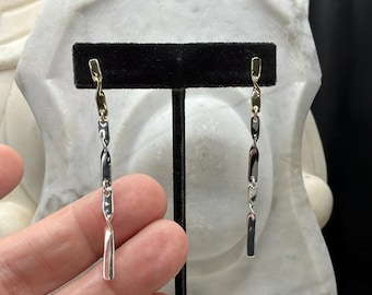 Two Tone Twisted Bar Dangle Earrings, Gold Silver Linear Drop, 2.5 Inch