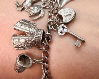Sterling Silver Charm Bracelet, 26 Charms, 39 Grams, Double Link, USN Navy, Sewing, Musical