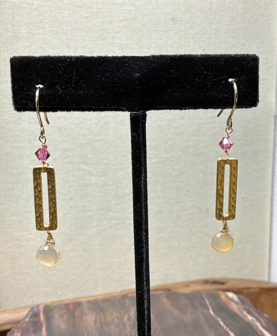 Hammered Brass Rectangle Earrings, Chalcedony Bri… - image 5