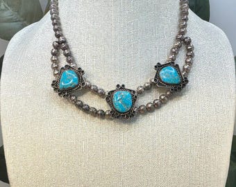Vintage Navajo Turquoise Sterling Silver Double Strand Necklace
