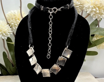 Vintage 950 Silver Artist Necklace Silk Cord Modernist Squares