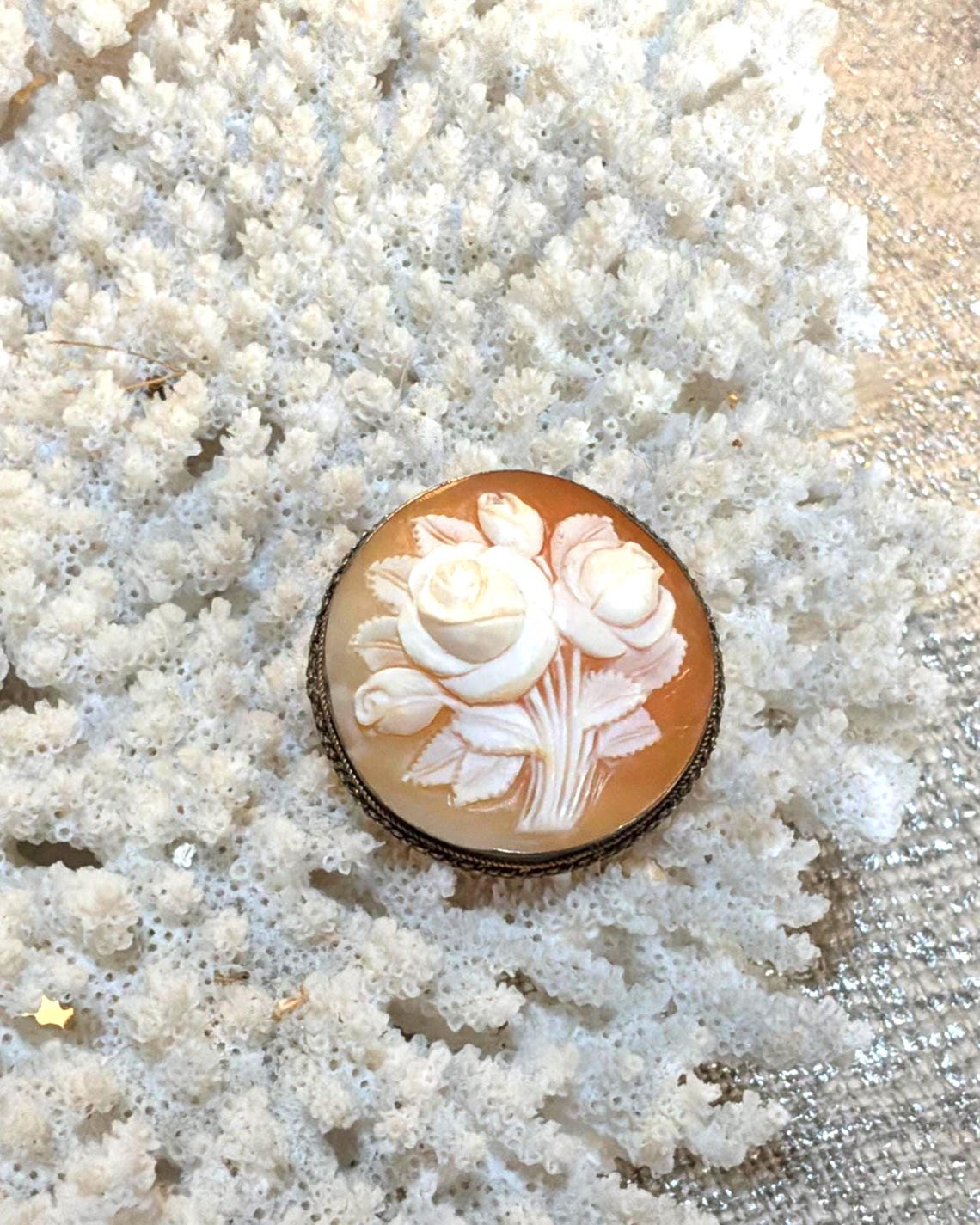 Conch Shell Roses Sterling Silver Shell Cameo Brooch Pendant, Hand Carved Roses, Peach ...