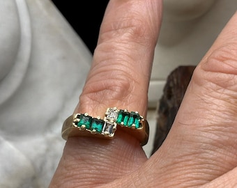 18K Gold Emerald Diamond Ring, Step Cut Emeralds, Baguette Diamonds, Anniversary Fine Jewelry