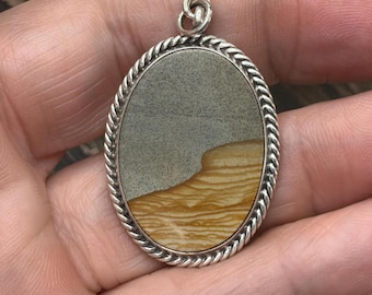 Owyhee Picture Jasper Oval Pendant, Sterling Silver Rope Twist Bezel, Landscape Scene