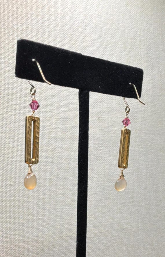 Hammered Brass Rectangle Earrings, Chalcedony Bri… - image 6