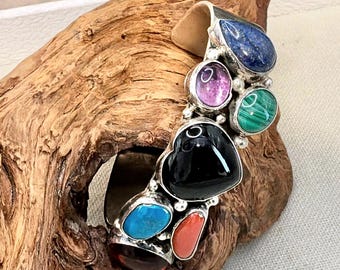 Vintage Raymond Bennett Navajo Sterling  Multi-Gemstone Cuff, Lapis Malachite Amethyst Onyx Turquoise Coral, & Amber
