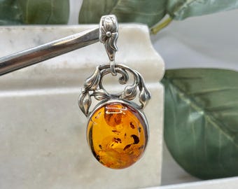 Sterling Silver Baltic Amber Pendant Art Nouveau