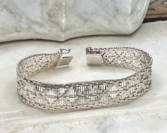 Vintage Italian Sterling Silver Wide Basketweave Bracelet, Beaded Edge, Box Clasp