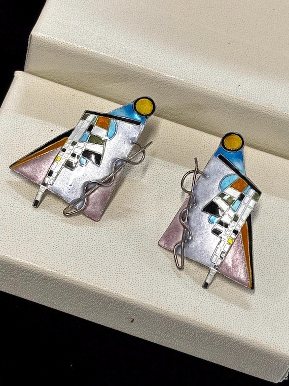 Modernist Sterling Silver, Enamel Stud Earrings, … - image 1