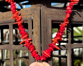 Red Branch Coral Necklace, Carved Pink Coral Pendant, Sterling Silver Lapis Accent