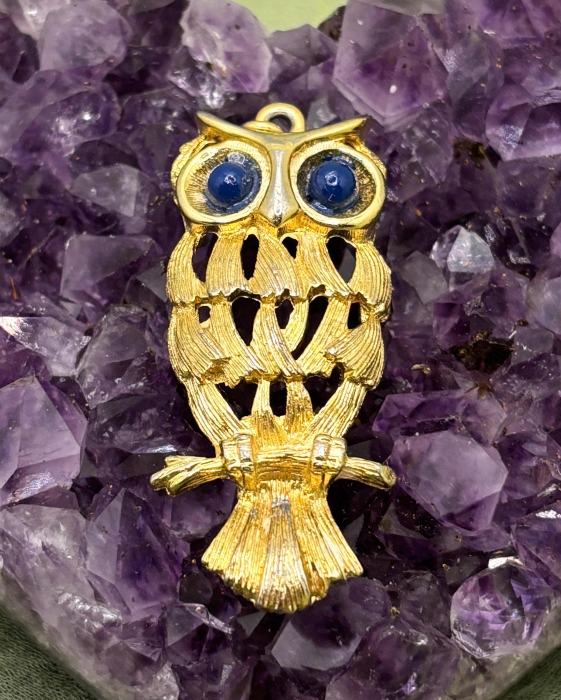 Vintage Owl Necklace | Gold Tone Openwork | Blue Glass Eyes | Retro Pendant Jewelry