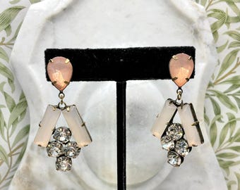 Gold Tone Dangle, Peach Teardrop Cluster, Antiqued Finish Estate Post Earrings