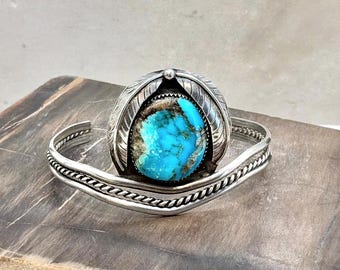 Vintage Navajo Sterling Silver Turquoise  Feather Cuff