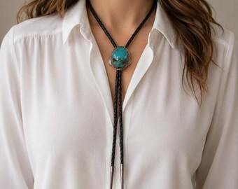 Vintage RB Sterling Turquoise Bolo Tie, Natural Turquoise, Western Cowboy Southwestern Statement Neckwear