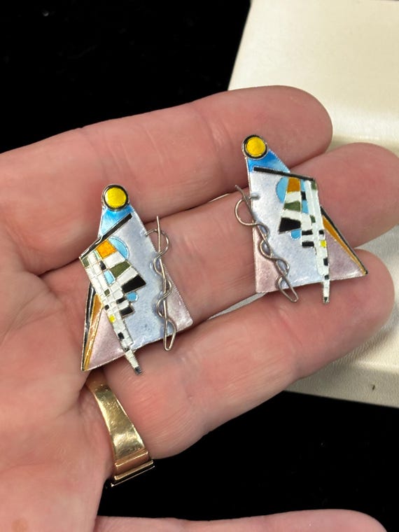 Modernist Sterling Silver, Enamel Stud Earrings, … - image 2