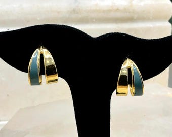 Vintage Blue Enamel Gold Tone Huggie Hoop Earrings