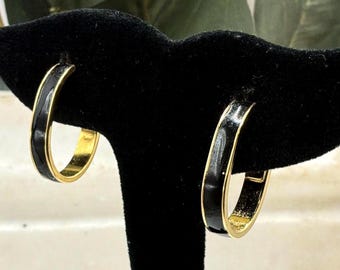Vintage Monet Black Enamel Gold Tone Hoop Earrings