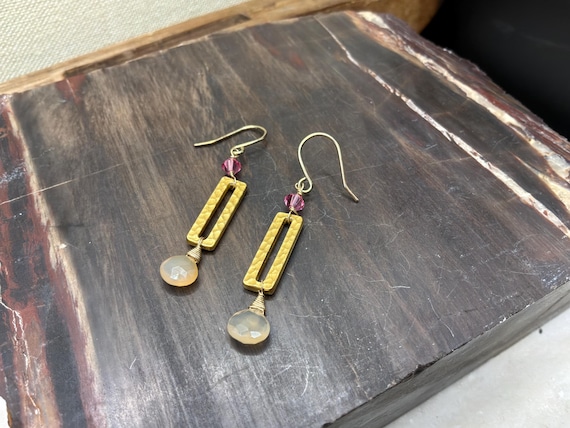 Hammered Brass Rectangle Earrings, Chalcedony Bri… - image 8