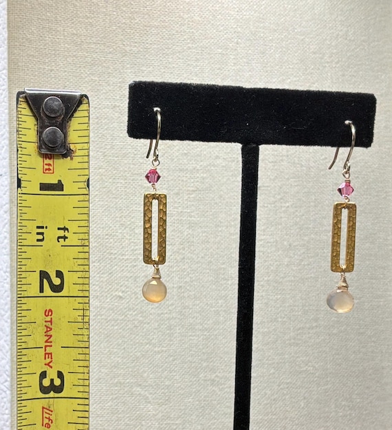 Hammered Brass Rectangle Earrings, Chalcedony Bri… - image 9