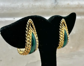 Vintage Trifari Green Enamel Gold Tone Half Hoop Earrings
