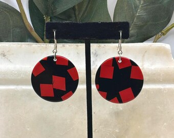 Vintage Black Red Geometric Disc Dangle Earrings Retro Mod