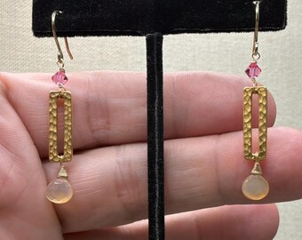 Hammered Brass Rectangle Earrings, Chalcedony Briolette, Pink Crystal Accent, Artisan Wire Wrapped