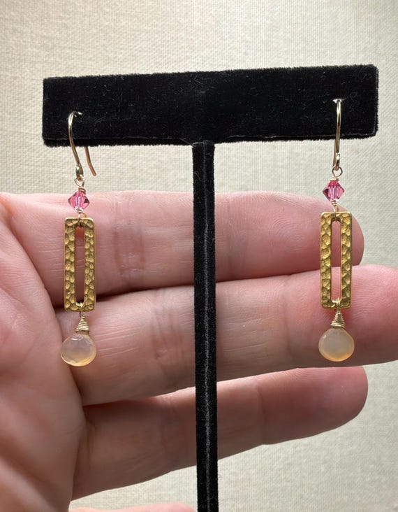 Hammered Brass Rectangle Earrings, Chalcedony Bri… - image 1