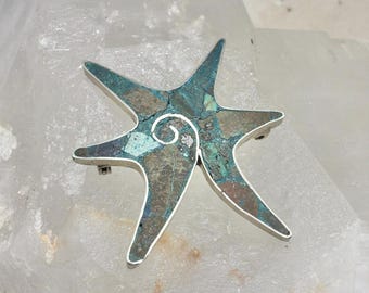 Sterling Silver Starfish Brooch Pendant Mosaic Inlay BETO Taxco