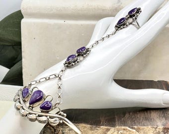 Sterling Silver Vintage Navajo Slave Bracelet, Purple Spiny Oyster Hand Chain