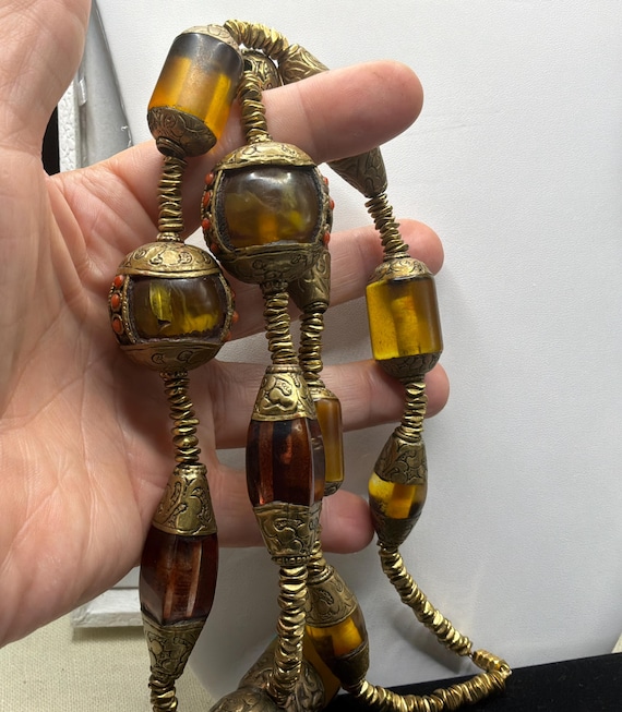 Amber Glass Brass Beaded Necklace, 33 Inches Stat… - image 7