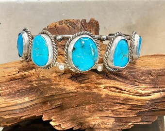 Vintage Turquoise Sterling Silver Five Stone Navajo Cuff