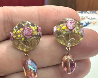 Pendientes de vidrio soplado, colgante floral de rosa rosa, gota de aventurina dorada, estilo veneciano, cuenta iridiscente