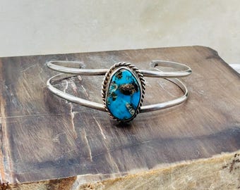 Vintage Silver Turquoise Cuff Bracelet  Southwestern Double Wire Rope Bezel Design