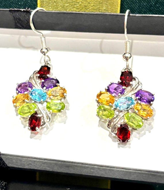 Sterling Silver Multi Gemstone Drop Earrings, Rai… - image 4