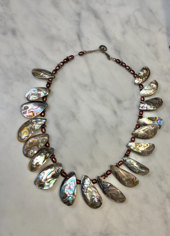 Abalone Shell Statement Necklace, Burgundy Pearl … - image 4