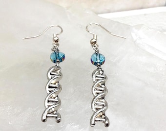 Sterling Silver DNA Double Helix Dangle Earrings Blue Beads