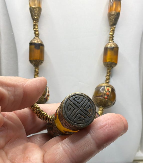 Amber Glass Brass Beaded Necklace, 33 Inches Stat… - image 5