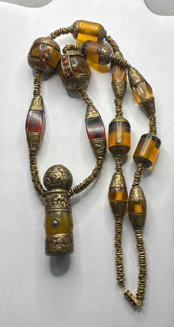 Amber Glass Brass Beaded Necklace, 33 Inches Stat… - image 1