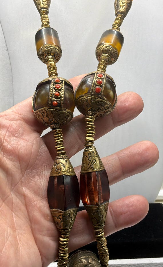 Amber Glass Brass Beaded Necklace, 33 Inches Stat… - image 6