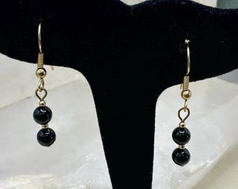 Vintage Black Onyx Bead Dangle Earrings Gold Tone