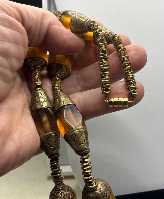 Amber Glass Brass Beaded Necklace, 33 Inches Stat… - image 8