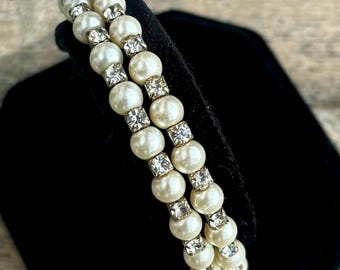 Vintage 1950s Pearl Bracelet, Rhinestone Coil, Silver Tone, 2.5" Diameter
