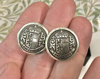 Silver Tone Salzburg Crest Earrings, Vintage Austrian Souvenir Button Studs