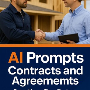Könnte beinhalten: Zwei Männer geben sich vor einer Baustelle die Hand. Einer trägt einen weißen Helm und eine dunkelblaue Jacke. Der andere trägt ein hellblaues Hemd und hält ein Tablet. Das Bild enthält den Text "AI Prompts Contracts and Agreements."