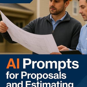 May include: Two men reviewing architectural plans. One wears a yellow hard hat. The image includes the text "AI Prompts for Proposals and Estimating" and "Turn Hours Into Minutes: Professional Bids Made Simple."