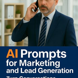 Peut inclure: Un homme en costume bleu marine est au téléphone. L'image comprend le texte "AI" en orange, et en dessous, le texte "AI Prompts for Marketing and Lead Generation. Turn Conversations into Contracts."