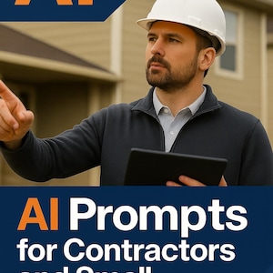 May include: A man wearing a white hard hat and a dark gray jacket, holding a tablet, points towards a house. The image includes the text "AI" in orange and "AI Prompts for Contractors and Small Businesses" in white.
