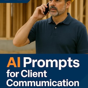 Könnte beinhalten: Ein Mann mit gelbem Helm und marineblauem Poloshirt telefoniert. Der Text überlagert: "AI Prompts for Client Communication" und "Turn Tough Conversations into Clear Solutions."