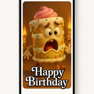 Może przedstawiać: Ekran smartfona wyświetla postać z kreskówki w postaci ciasta z zaskoczoną miną. Ciasto ma różowy wir lukru, kolorową posypkę i napis "Happy Birthday" ozdobną czcionką. Tło to ciepła, rozmyta scena.